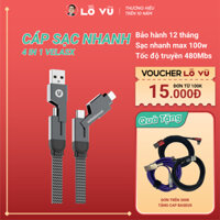 Cáp sạc nhanh 4 in 1 velasX, công suất max 100W, chuyền tải dữ liệu 480Mbs, Cáp sạc đa năng 4 đầu