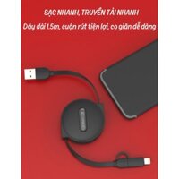 Cáp sạc nhanh đa năng cuộn rút Cafele 2 in 1 ( IOS / Android ) dài 1.5m