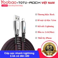 Cáp sạc nhanh Rock M2 Lightning Zn-alloy Fast Charge & Sync Cable 2.4A có đèn LED (RCB0670) cho iPhone 11 Pro Max XS XR X 8 7 6 LazadaMall