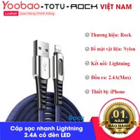 Cáp sạc nhanh Rock M2 Lightning Zn-alloy Fast Charge & Sync Cable 2.4A có đèn LED (RCB0670) cho iPhone 11 Pro Max XS XR X 8 7 6 LazadaMall