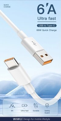 Cáp sạc nhanh Wiwu USB A sang USB C G104 1,2m cho máy tính bảng, macbook, laptop sạc nhanh 66W, làm bằng TPE dẻo - Hàng chính hãng