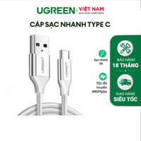 Cáp sạc và truyền dữ liệu UGREEN US288 cổng Type-c, độ dài từ 0.25m đến 2m, dòng 3A, đầu nhôm vỏ nylon - Hàng chính hãng - 60131 1m TRẮNG