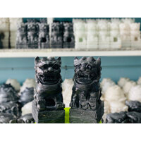 Cặp tượng Kỳ Lân phong thủy đá vân đen gác cổng, trang trí mộ - Cao 25 cm