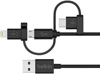 Cáp USB đa năng 3 trong 1 Belkin: Cáp USB-C, Cáp Lightning, Cáp sạc Micro-USB - Dây sạc dành cho Apple - Sạc tăng cường Belkin - Bộ sạc Belkin thiết kế cho iPhone, iPad, Galaxy và nhiều thiết bị khác.