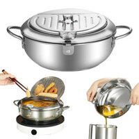 Car- Nồi Chiên Sâu Bằng Thép Không Gỉ Có Nắp Nhiệt Kế Kẹp Thực Phẩm Giá Xả Dầu Đa Năng Nhật Bản Chảo Chiên Cho Thực Phẩm giòn Sử Dụng Ngoài Trời Tại Nhà