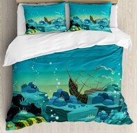 Cartoon 4 Piece Bedding Sets, Seascape Underwater with Treasure Galleon and Sunk Ship Pirate Kids Print,Duvet Cover Set With Pillowcase for Childre...