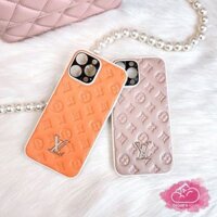 CASE IPHONE LV Nhám da Dập Chìm ( Trắng - Cam)