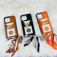 Case Ốp điện thoại iPhone Da Trơn Logo Hermes Ví Mini Ổ Khóa Kèm Dây Lụa Sang Chảnh iPhone 12/13/14/15/Pro/Promax