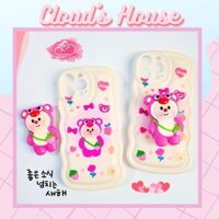 Case Ốp điện thoại iPhone Gấu dâu Lotso Chất phao Viền gợn sóng Kèm popsoket iPhone 11/12/13/14/Plus/Pro/Promax