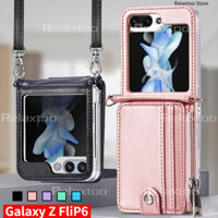 Casing For Samsung Galaxy Z Flip6 Flip5 5G ZFlip Z Flip 6 5 ZFlip5 ZFlip6 5G 2024 Luxury Leather With Lanyard Wallet Card Slot Holder Phone Case Shockproof Camera Lens Protect Back Cover