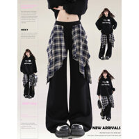 Casual Pants American Slimming and Straight Women's High Street Track Pants Mop Plaid Autumn Loose Stitching Fake Two Pieces