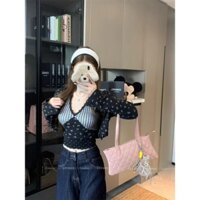 Cay Cô Gái Lưới Nối Cổ Chữ V Áo Tăng top Nữ Mùa Xuân Hoa Dài Tay cardigan Áo Khoác Ngắn Bộ Hai Mảnh
