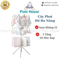 Cây Phơi Đồ Inox Đa Năng 3 Tầng 56 Kẹp - Móc Phơi Quần Áo, Tất, Khăn, Đồ Em Bé Trẻ Sơ Sinh