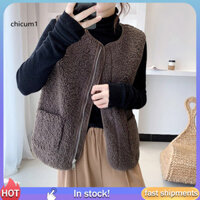 Cc Áo khoác không tay Áo khoác mùa đông Áo khoác nữ Plus Size Áo khoác lông cừu không tay có túi Áo khoác cổ tròn sành điệu cho trường học hàng ngày Áo khoác vừa vặn