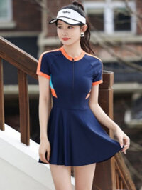 (CC-cool)
 Bikini liền thân đồ bơi nữ váy xòe áo tay cọc phối màu khóa zip kéo Marina004