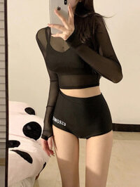 (CC-cool)
 Đồ bơi đi biển 3 mảnh bikini đi biển áo 2 dây có áo lưới dài tay chống nắng quần cạp cao