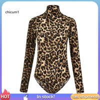 Cc Gợi Cảm Nữ Da Báo In Hình Cao Cổ Dài Tay Skinny Body Jumpsuit Áo Liền Quần