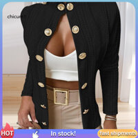 Cc Jacquard Áo khoác đứng cổ áo Cardigan Cổ đứng sang trọng Áo khoác nữ có nút kim loại Áo khoác ngoài thời trang cho công việc và ngày tháng Slim Fit Áo khoác dài tay màu trơn