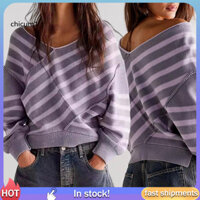 Cc Ribbed Viền Dệt Kim Thư Giãn Phù Hợp Với Sọc Nhảy Phong Cách Sọc Màu Khối Cổ Chữ V Áo Len Dành Cho Nữ Áo Chui Đầu Dệt Kim Quá Khổ Jumper Top Cho Mặc Dài Tay Thời Trang