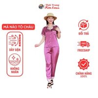 [CC46] - Đồ bộ Pijama nữ tay ngắn hoạ tiết, màu hồng phối cổ sọc, chất liệu lụa Tô Châu cao cấp