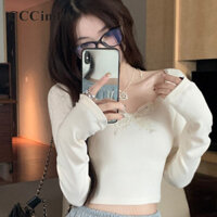 Cccindee Nữ 2024 Phong Cách Mới Áo Thun Cổ Chữ U Ren Nơ Dài Tay