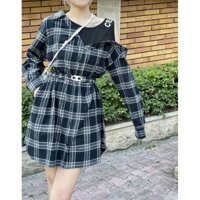 CELIN-E early spring new fashion logo printed letters classic plaid waist fake two-piece shirt dress UHVR