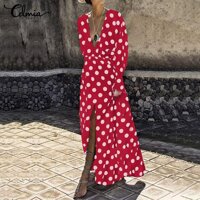 Celmia Nữ Cổ CHỮ V Đầm maxi Dài Chấm Bi Oversize Dài Đi Biển Mùa Hè Sundress