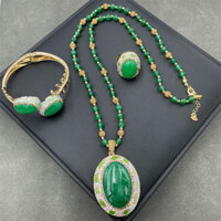 Chalcedony xanh, Ngọc tự nhiên, Bộ kim cương giả, Vòng cổ, Nhẫn, Vòng tay, Bộ 3 món