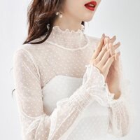 Chấm Bi Lưới Đáy Áo Sơ Mi Nữ Tay Dài Cổ Cao Cổ Đen Ren Áo Nữ
