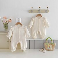 Chấm Bi Ren Tay Dài Cotton Trẻ Sơ Sinh Jumpsuit Xuân Thu Mới Bé Gái Áo Liền Quần 0-2 Tuổi Quần Áo Tập Đi