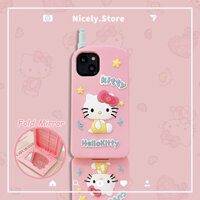 Chân Đế Sáng Tạo Hello Kitty Gấp Gương Trang Điểm Ốp lưng Tương Thích Cho iPhone 15 14 13 12 Pro Max 11 Vỏ Silicon Dày Chống Rơi