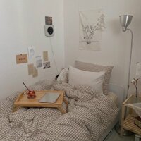 Chăn ga gối đệm cotton poly họa tiết kẻ caro nâu be