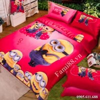 Chăn ga gối Minion màu hồng