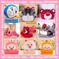 Chăn gối gấu bông Cú xanh, Mèo, Cún 3in1 siêu đáng yêu (#Gối_Chăn_Ủ Tay)