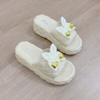 [chân mập tăng size] dép đế xuồng quai ngang trần trám đính nơ tai thỏ cute cao 6cm