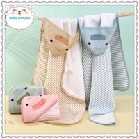 Chăn ủ kẻ sọc cao cấp, Khăn choàng cho bé, choàng thú có mũ cotton kích thước 90*90cm