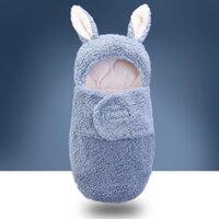Chăn Ủ Lông Cừu Cho Bé 0-6 Tháng Có Mũ Loại Dày 3 Lớp Trần Bông Tai Thỏ U01