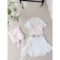 CHÂN VÁY 4 LỚP REN LỆCH TÔN DÁNG ÁO NƠ HỒNG