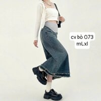 Chân váy bầu bò - Chân váy bầu jean dáng dài xẻ sau có đáp gấu tua rua 73 - V003