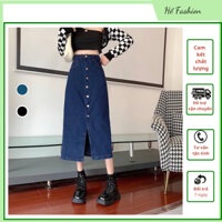 Chân Váy Bò Cạp Cao Dài Qua Gối Xẻ Trước Nút Cài Cá Tính. Chân Váy Jean Lưng Cao Dáng Dài