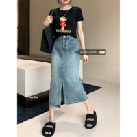 Chân váy bò dáng dài xe giữa hàng Quảng Châu, chân váy jeans xẻ tà dáng dài QC