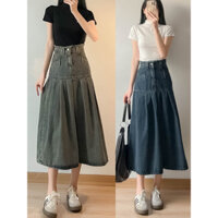 Chân váy bò dáng dài xoè,chân váy jean cạp tua dáng xoè- jean tua cạp