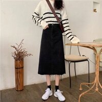 Chân Váy Bò Jean Dài Qua Gối Tua Gấu Phong Cách Thời Trang V10