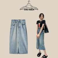 Chân váy bò jeans cạp cao dáng dài mài bạc sườn xẻ tà trước nữ tính phong cách mới Ulzzang hàn quốc Xuongmaythuhien