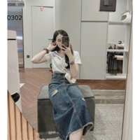 Chân váy bò jeans dáng dài phối rách lưng cao