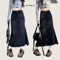 Chân váy bò jeans đen dáng dài đuôi cá tôn dáng Yannie