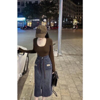 chân váy bò nữ 2 túi dây buộc