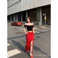 Chân váy cao cấp màu đỏ sexy chấm bi cho phụ nữ mùa hè mới, chân váy bodycon xẻ tà