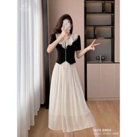Chân váy chất tơ nền xoè nhẹ phối áo cổ bèo 2 lớp dây kéo dời màu Y hình. (KHẢ HÂN SHOP)