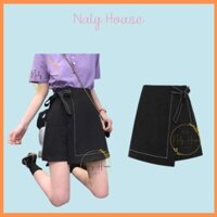 Chân Váy Chữ A Dáng Ngắn Vạt Chéo Chỉ Nổi Buộc Nơ Cách Điệu Cạp Cao Naly